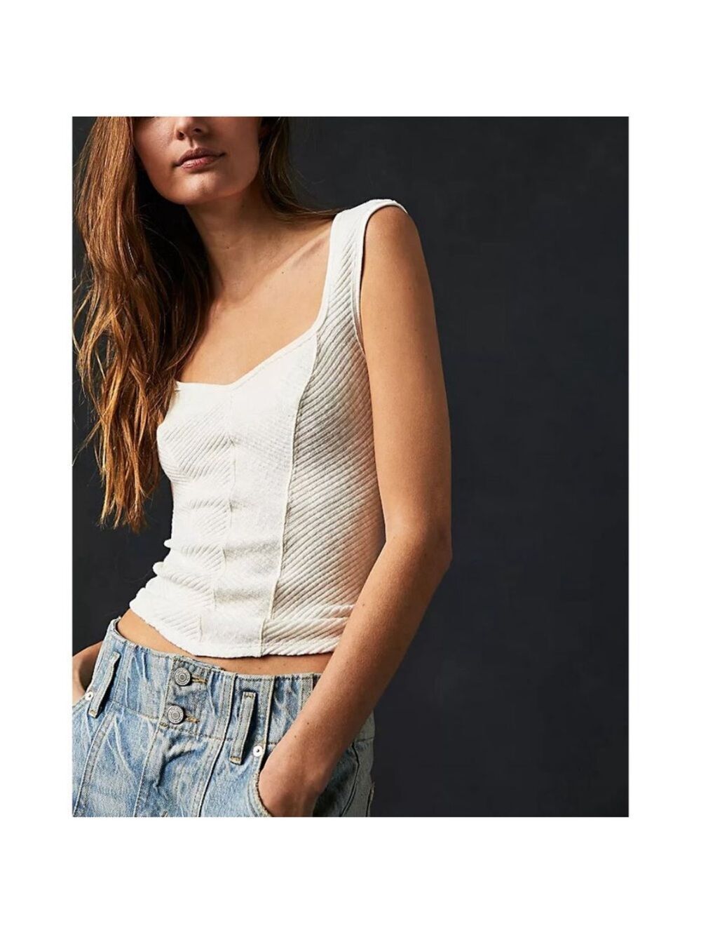 Free People Boss Babe Ribbed-Knit Corset Tank Top Cream